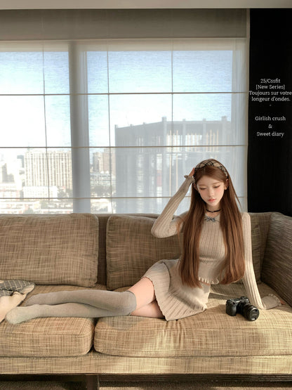 Peter Pan Collar Knit Top and Pleated Skirt Set
