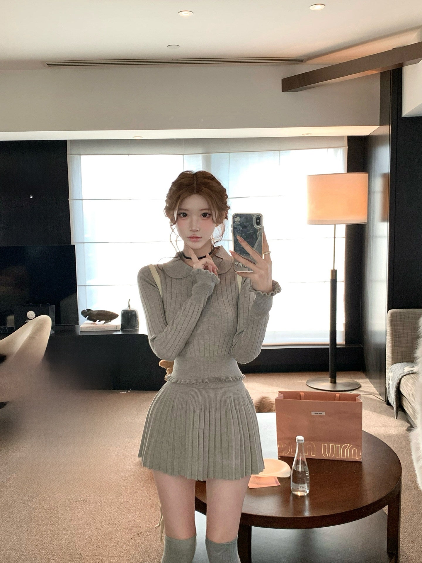 Peter Pan Collar Knit Top and Pleated Skirt Set