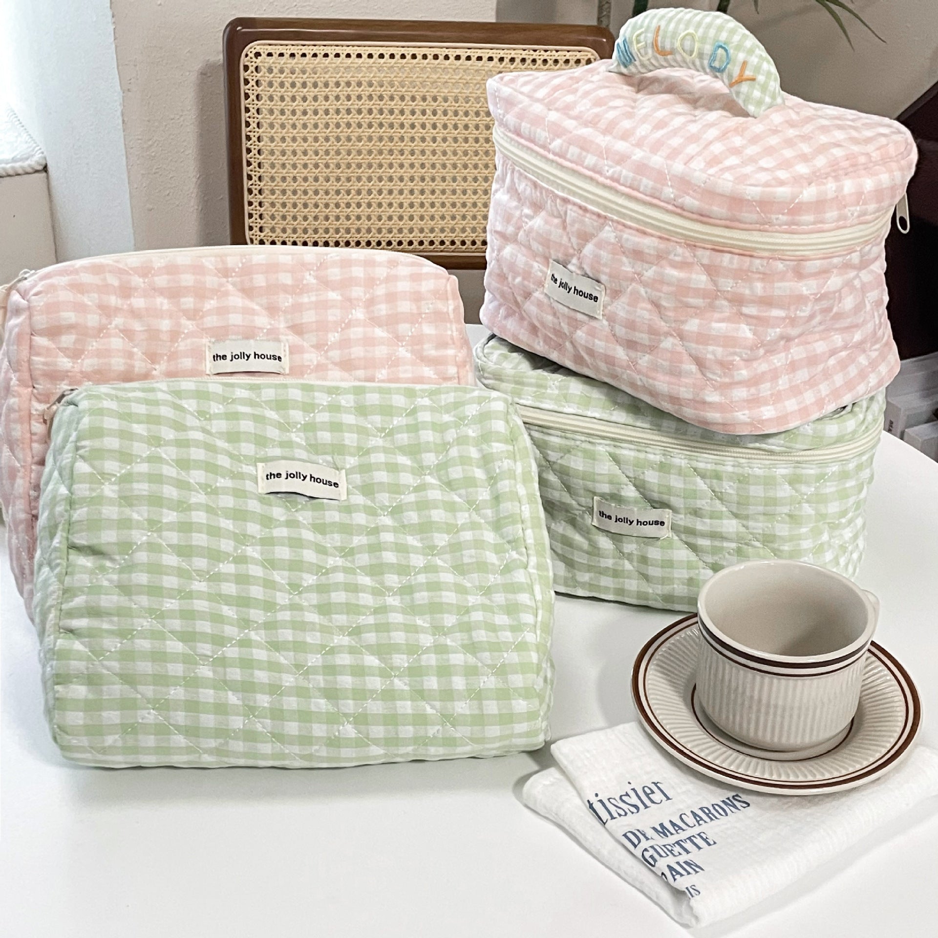 Pink and Green Grid Cosmetic Bag Large Capacity