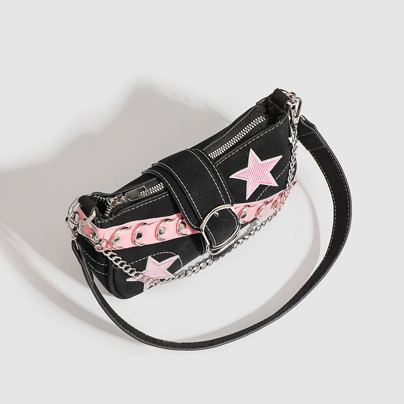 Pink Chain Star Baguette Shoulder Bag