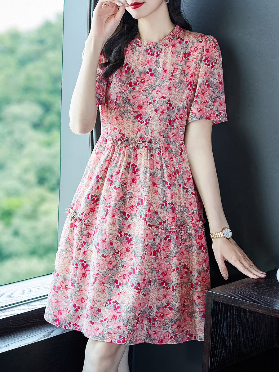 Pink Floral Silk A-Line Dress