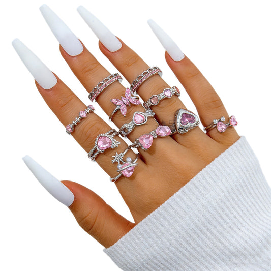 Pink Heart Butterfly Stackable Ring Set