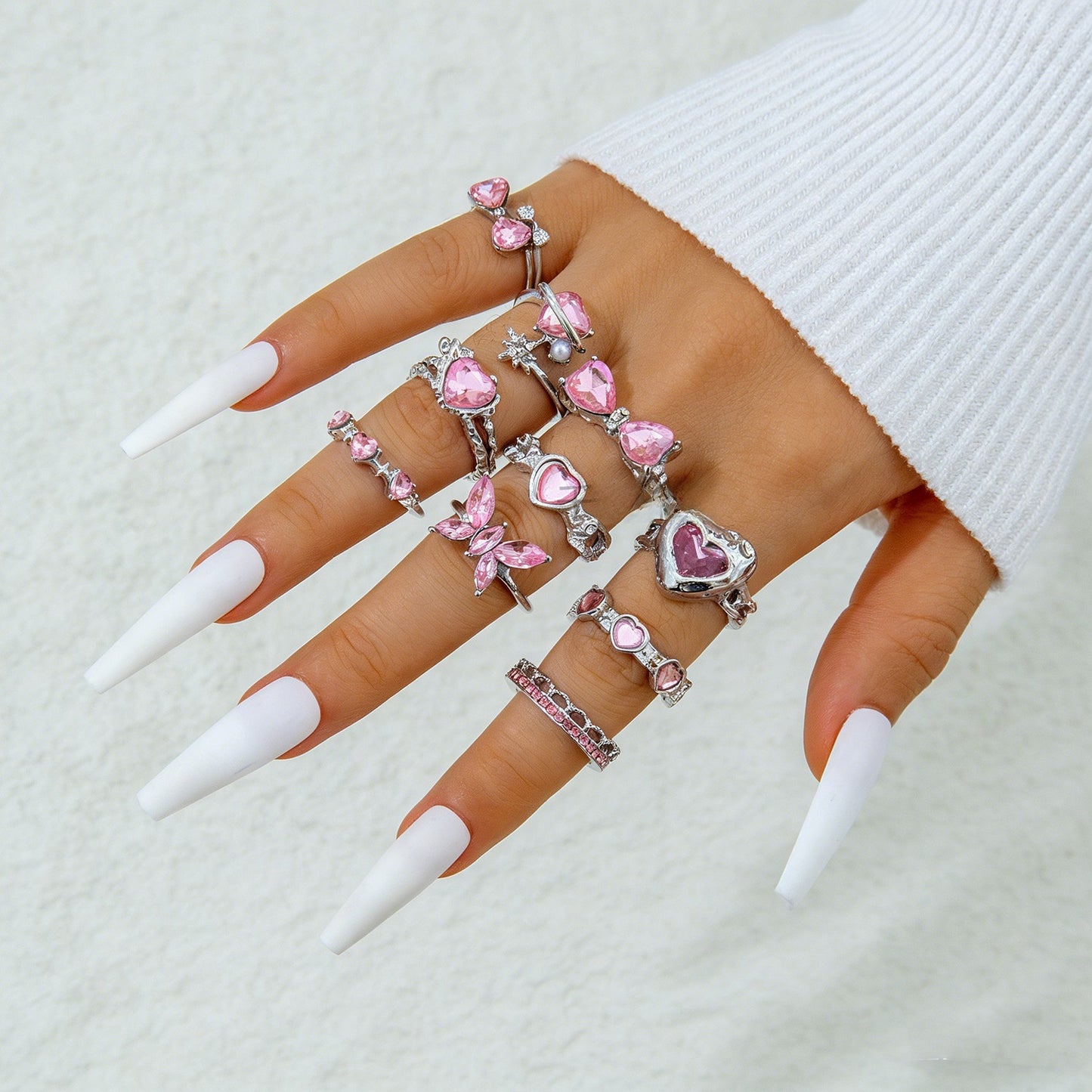 Pink Heart Butterfly Stackable Ring Set
