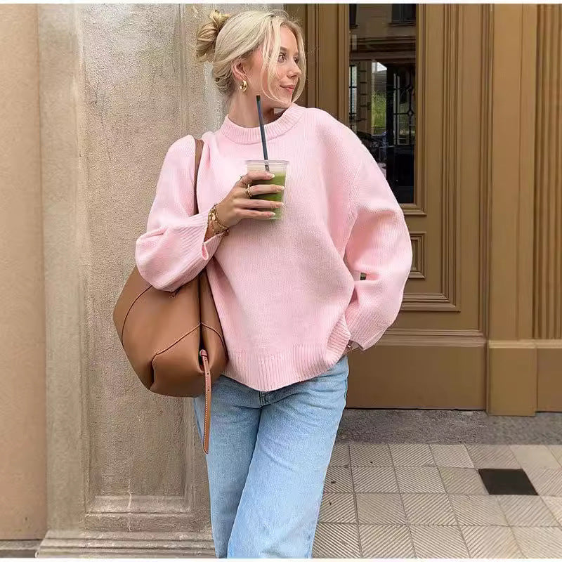 Pink Round Neck Pullover Sweater
