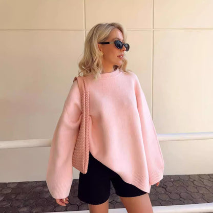 Pink Round Neck Pullover Sweater
