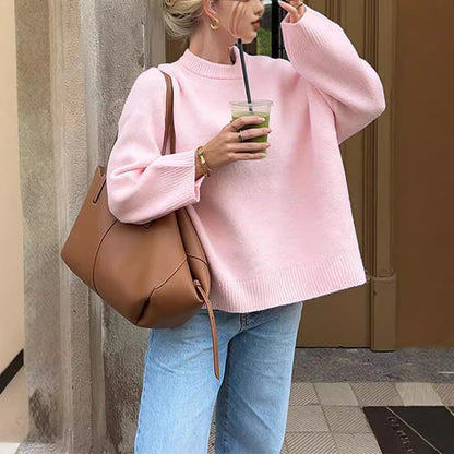 Pink Round Neck Pullover Sweater