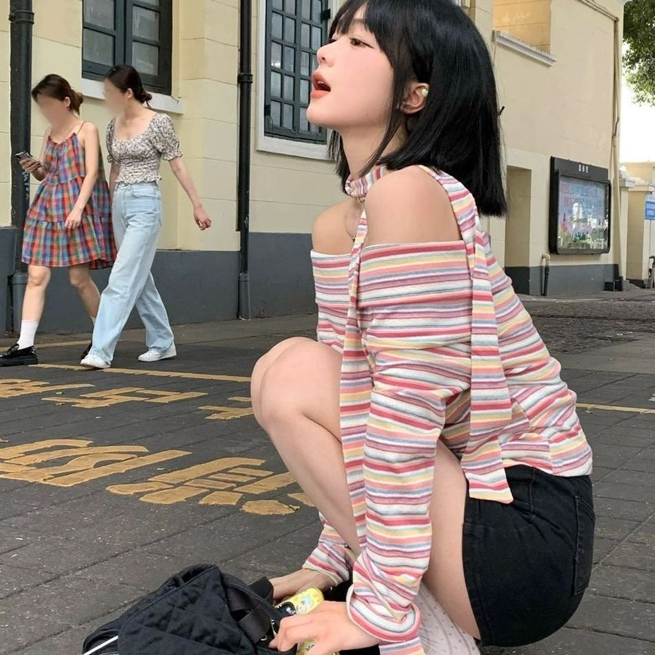 Pink striped long-sleeved T-shirt for women