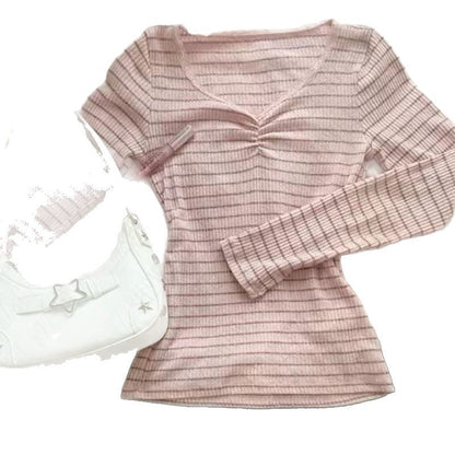 Pink striped V-neck base long-sleeved shirt