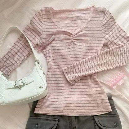 Pink striped V-neck base long-sleeved shirt