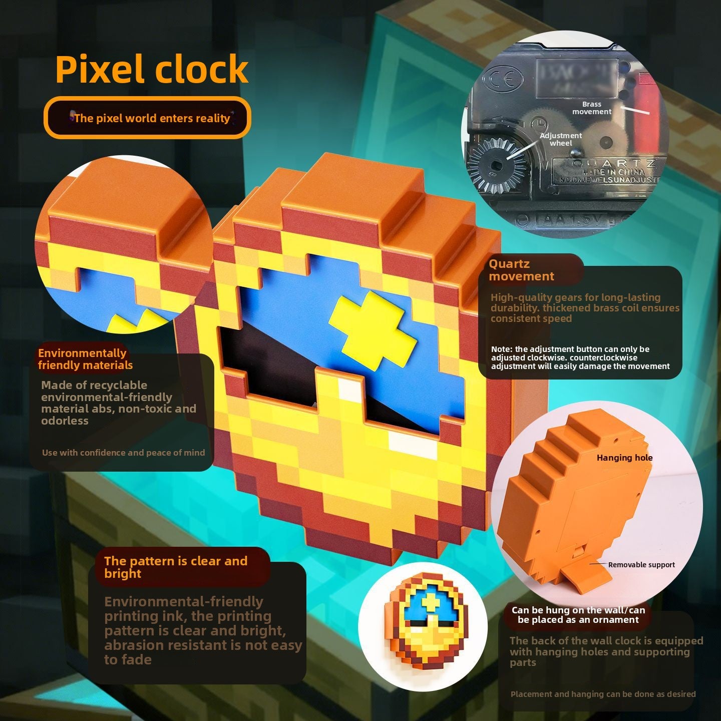 Pixel toy clock decorative piece for room decoration