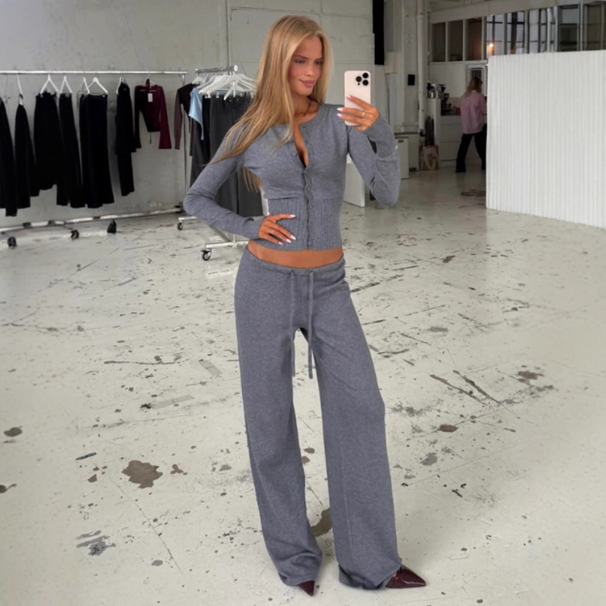 Plaid Button Cardigan and Loose Trousers Set