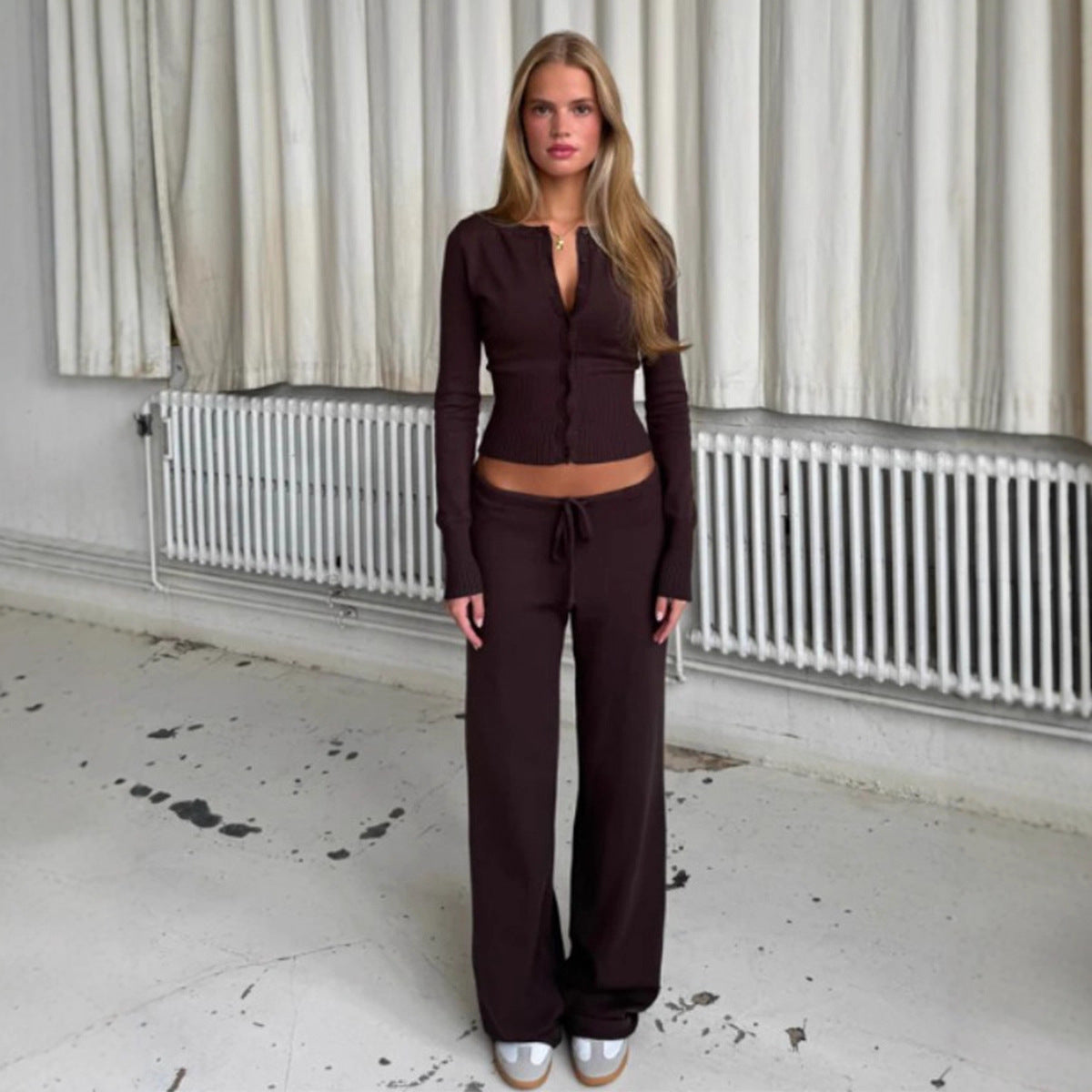 Plaid Button Cardigan and Loose Trousers Set