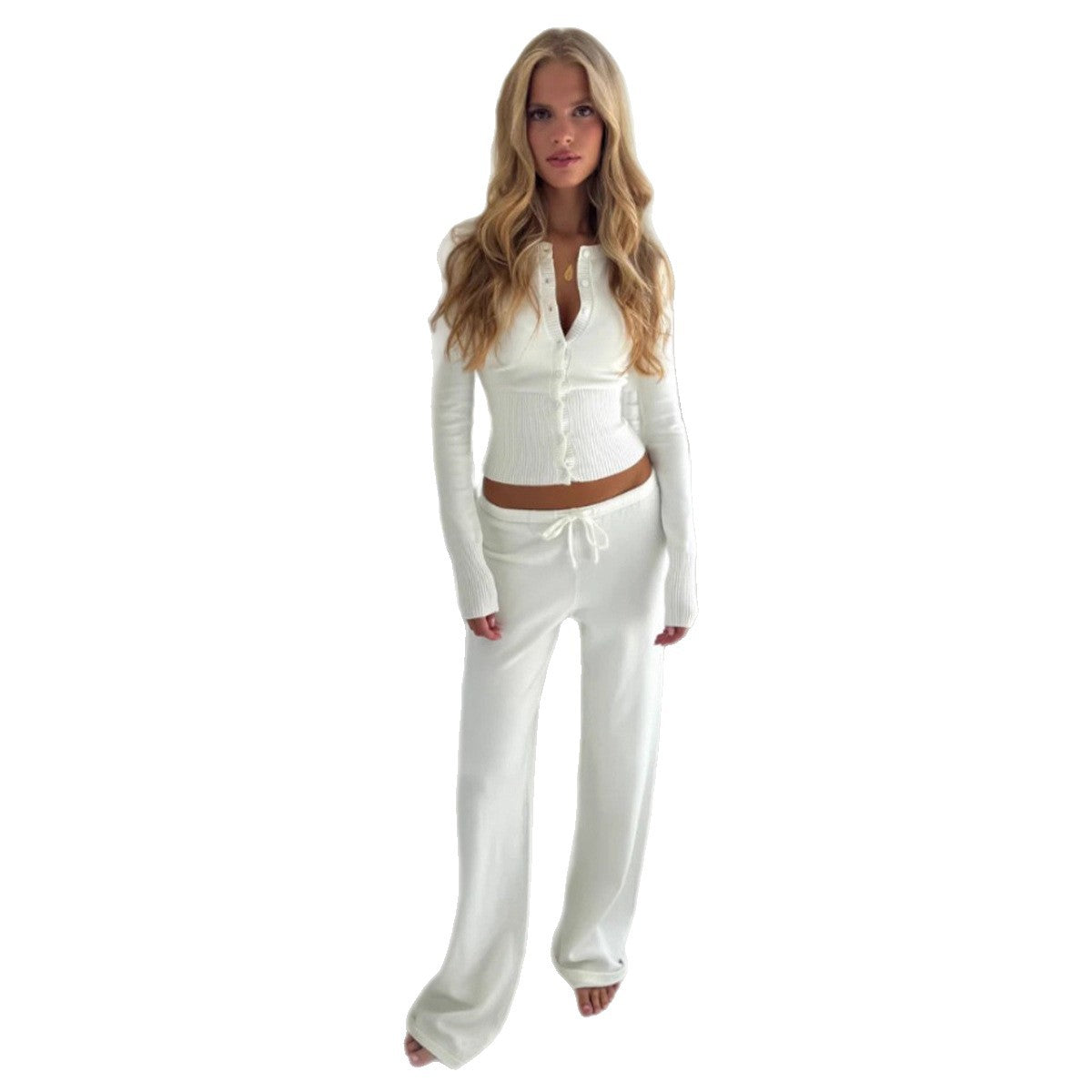 Plaid Button Cardigan and Loose Trousers Set