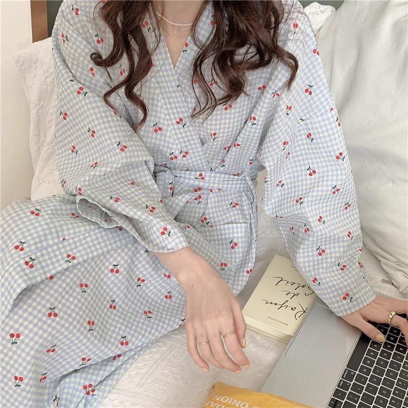 Plaid Cherry Nightgown Long Sleeve Loungewear