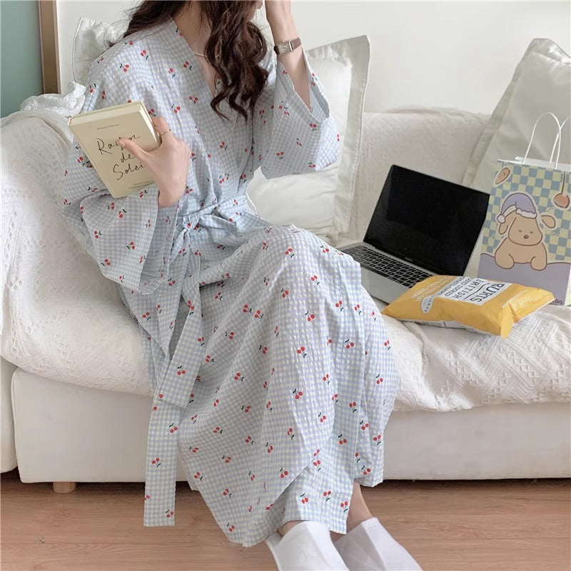 Plaid Cherry Nightgown Long Sleeve Loungewear