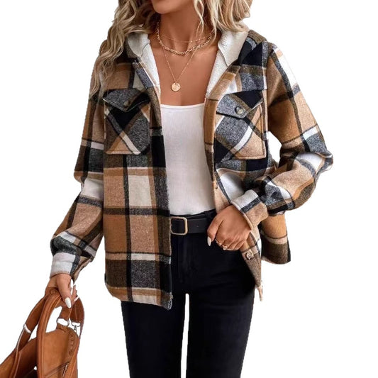 Plaid Fleece Hooded Jacket for Women