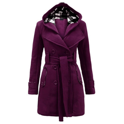 Plaid Hooded Double-Breasted Long Coat
