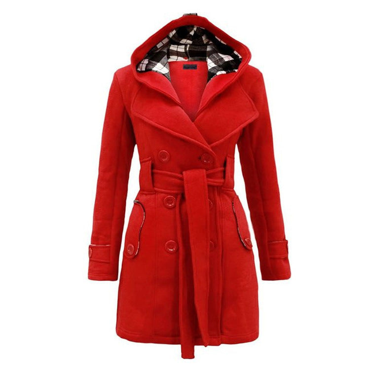 Plaid Hooded Double-Breasted Long Coat