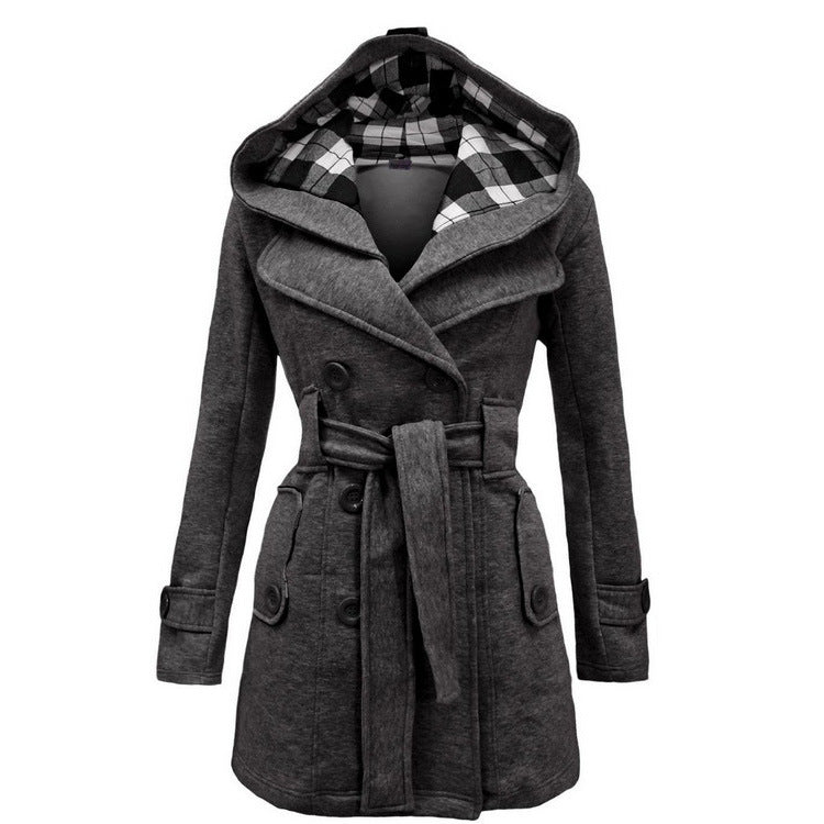 Plaid Hooded Double-Breasted Long Coat