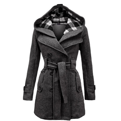 Plaid Hooded Double-Breasted Long Coat