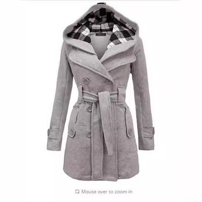 Plaid Hooded Double-Breasted Long Coat
