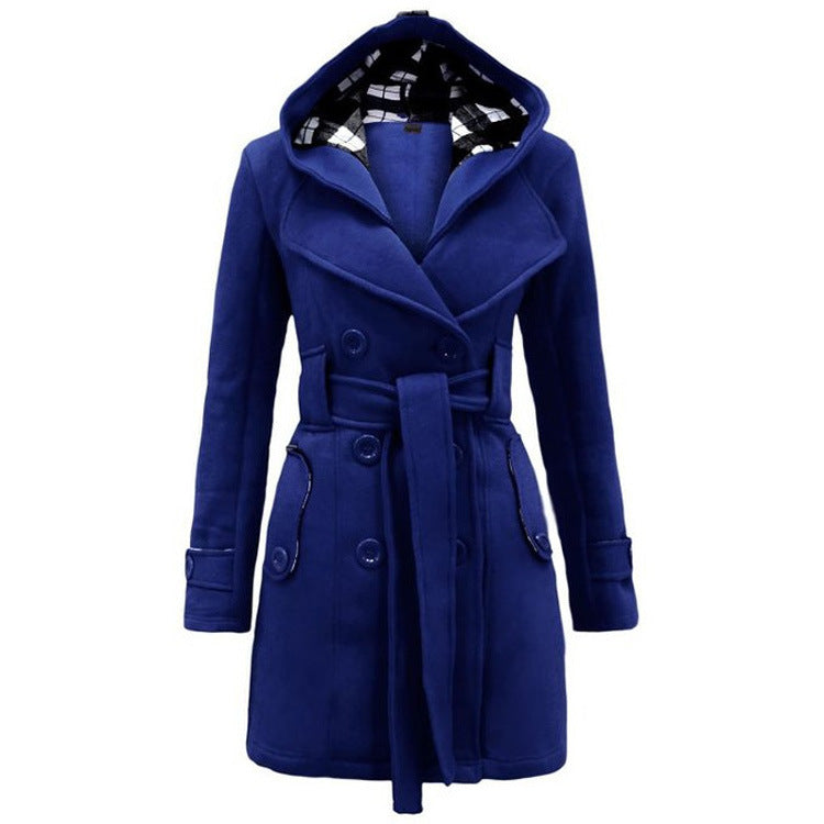 Plaid Hooded Double-Breasted Long Coat