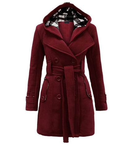 Plaid Hooded Double-Breasted Long Coat