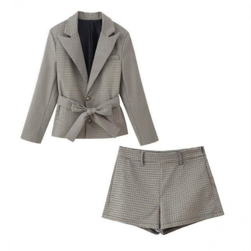 Plaid Lapel Blazer and Shorts Set