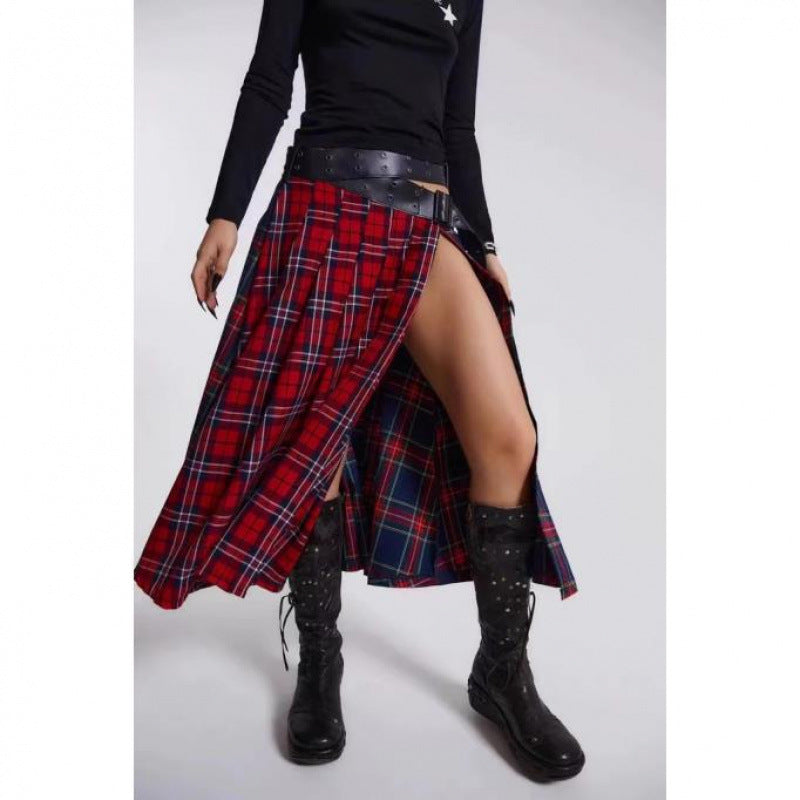 Plaid Long Buckle Pleated Skirt with Wrapped Belt