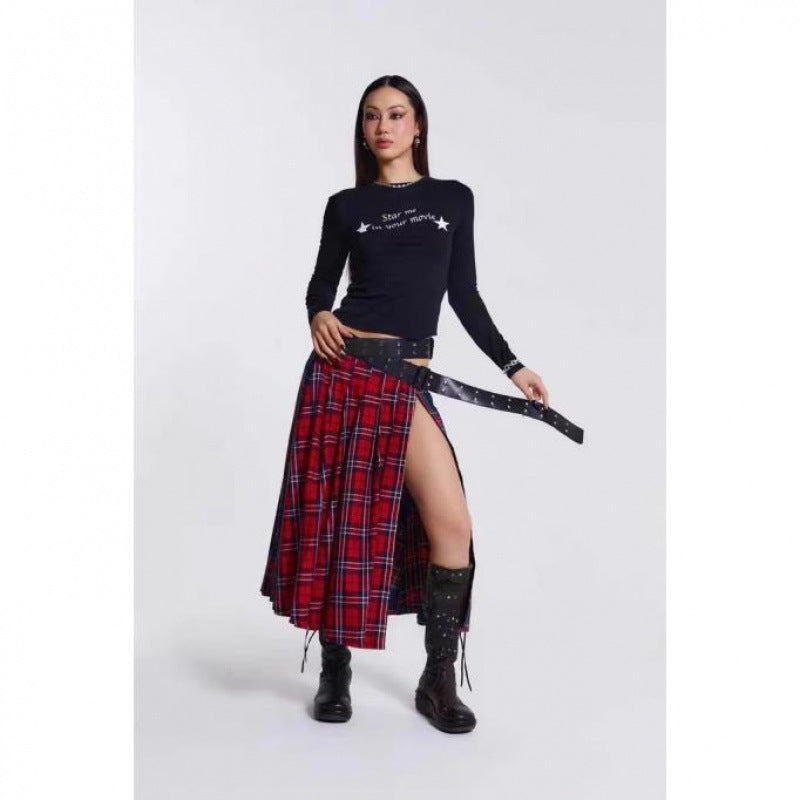 Plaid Long Buckle Pleated Skirt with Wrapped Belt