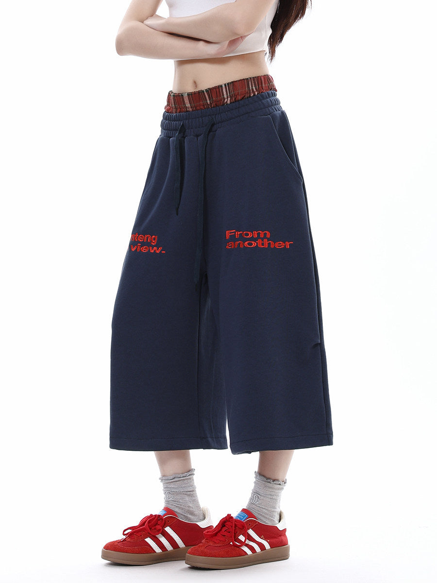 Plaid Patchwork Double Waistband Cropped Casual Pants