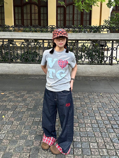Plaid patchwork jeans
