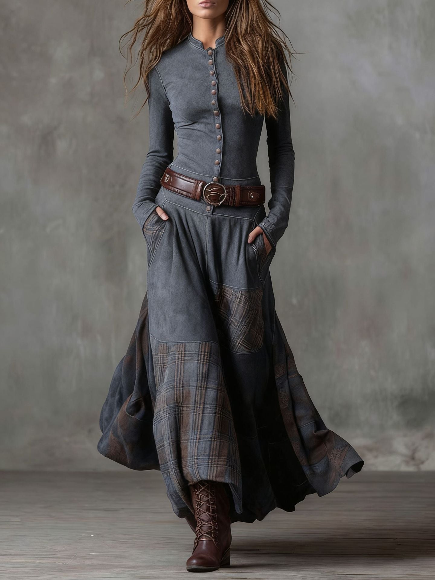 Plaid patchwork retro style dress