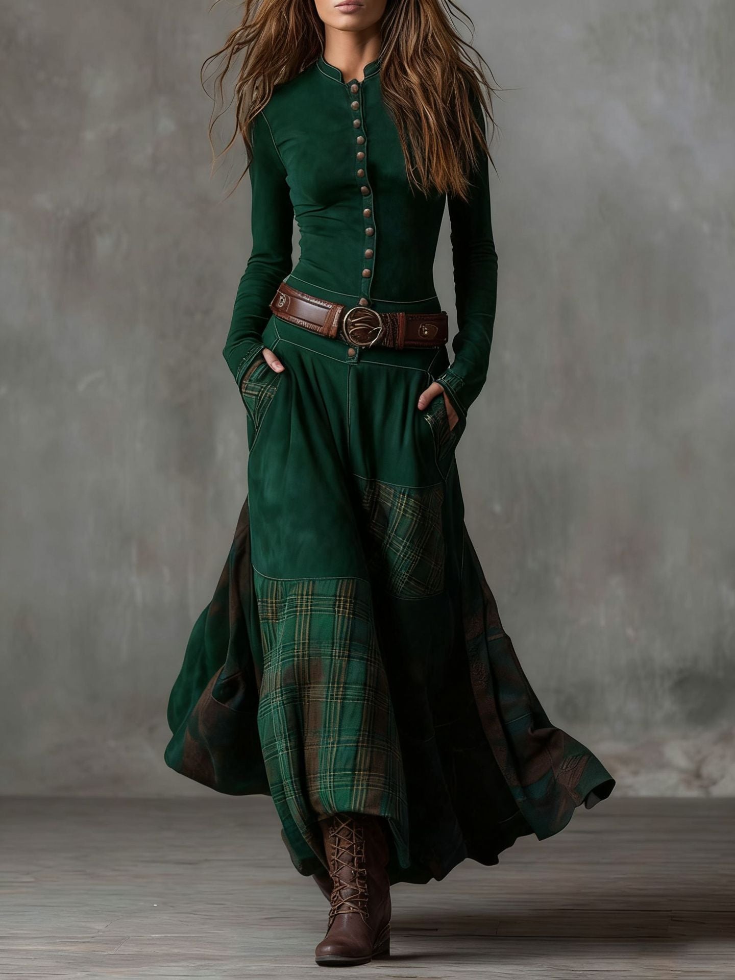 Plaid patchwork retro style dress