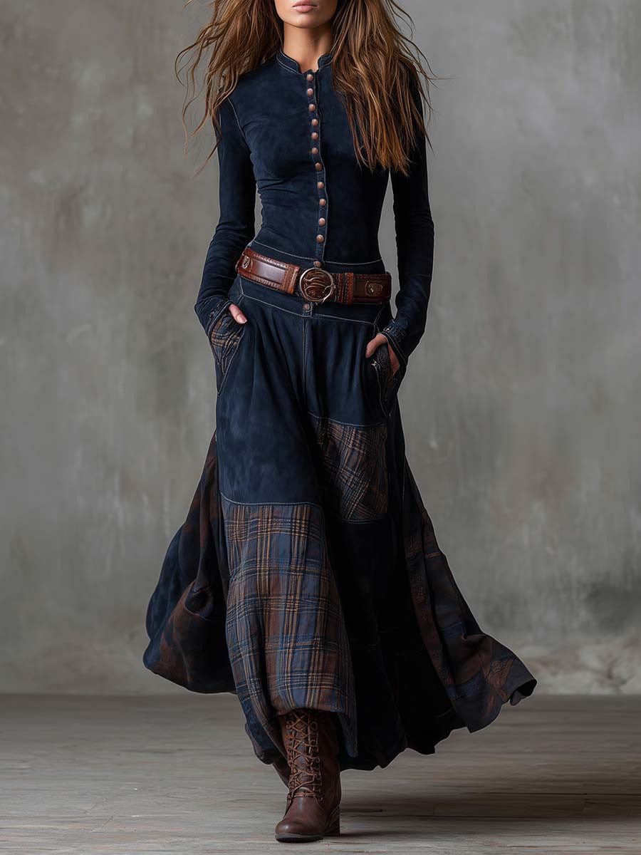 Plaid patchwork retro style dress