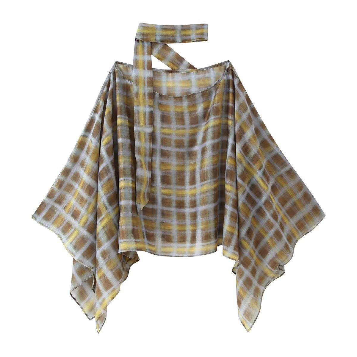 Plaid Scarf Collar Cape Shirt