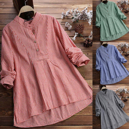 Plaid Stand Collar Pullover Shirt Long Sleeve Women's Top