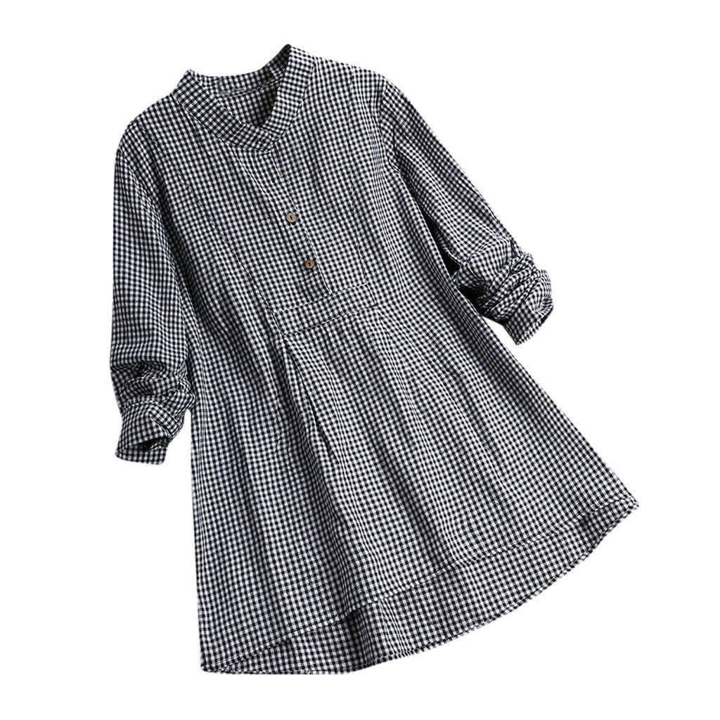 Plaid Stand Collar Pullover Shirt Long Sleeve Women's Top