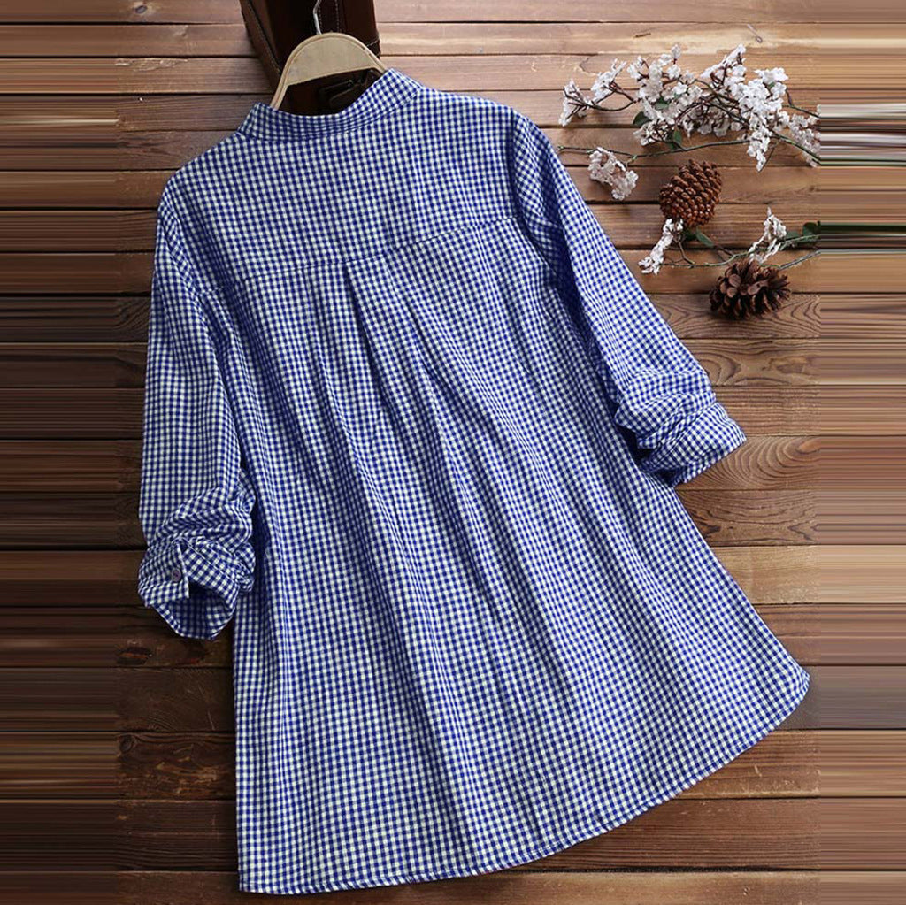 Plaid Stand Collar Pullover Shirt Long Sleeve Women's Top