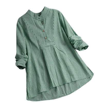 Plaid Stand Collar Pullover Shirt Long Sleeve Women's Top