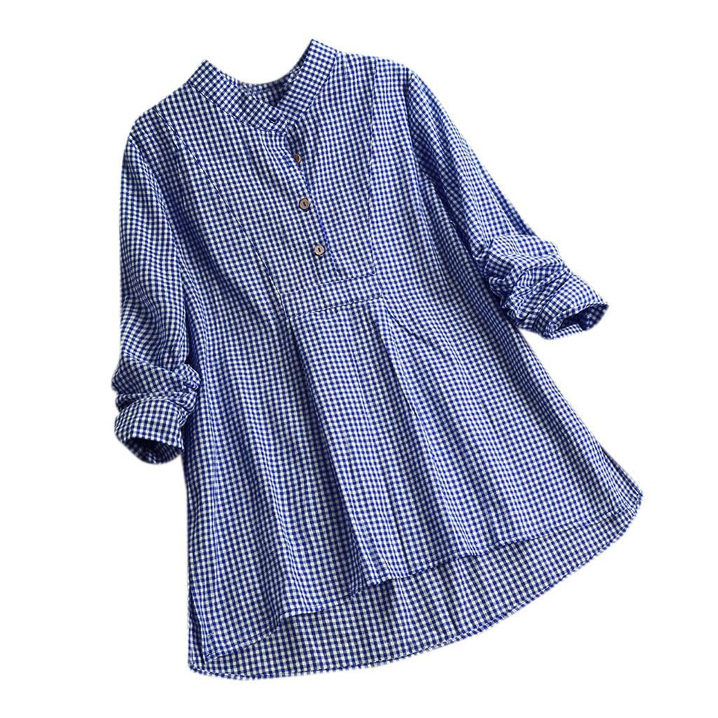 Plaid Stand Collar Pullover Shirt Long Sleeve Women's Top
