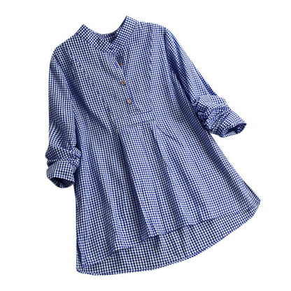 Plaid Stand Collar Pullover Shirt Long Sleeve Women's Top