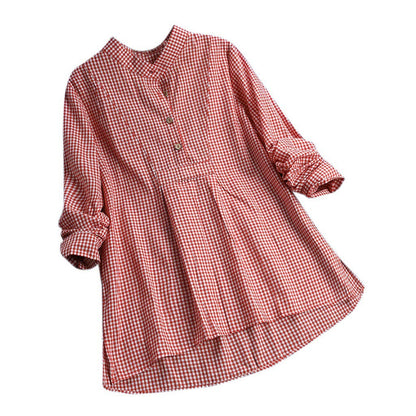 Plaid Stand Collar Pullover Shirt Long Sleeve Women's Top