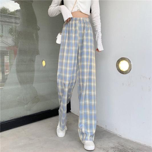 Plaid Wide-Leg Pants, High Waist Casual Summer Trousers