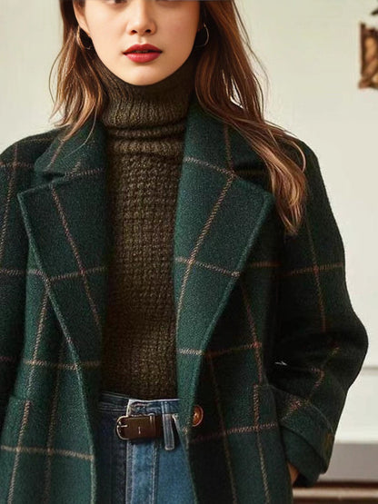 Plaid Wool Blend Long Coat for Women