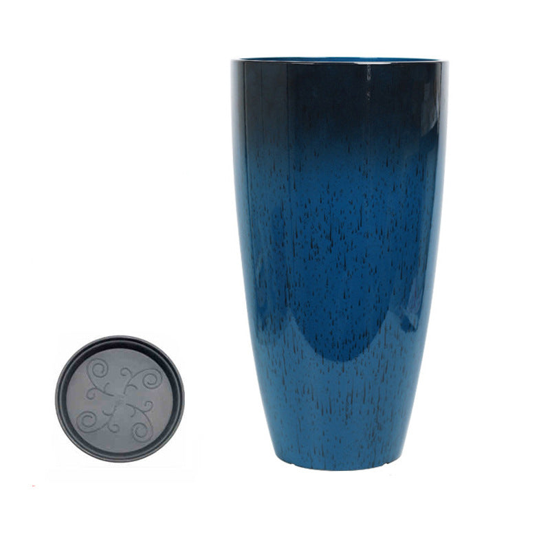 Plastic Flower Pot Round Planting Pot Glossy Vertical Pattern