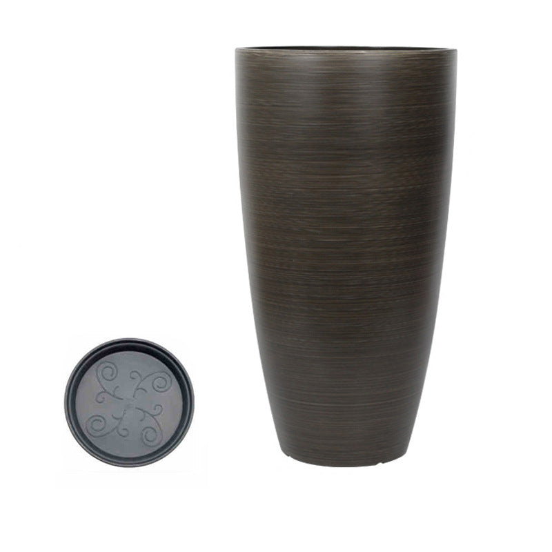 Plastic Flower Pot Round Planting Pot Glossy Vertical Pattern