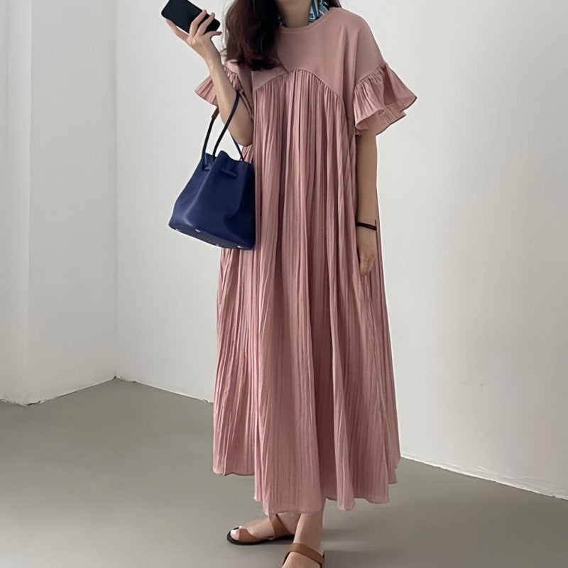 Pleated Chiffon Casual Dress with Bell Sleeves