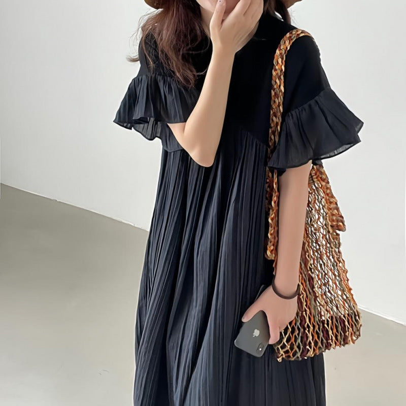 Pleated Chiffon Casual Dress with Bell Sleeves