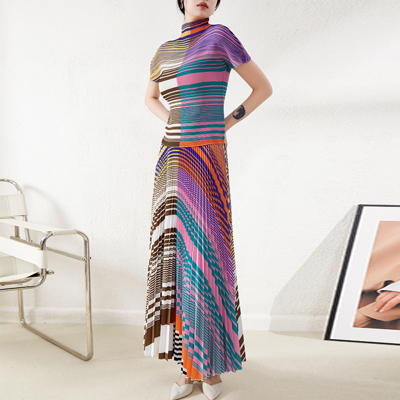 Pleated Chiffon Women's Top and Skirt Set